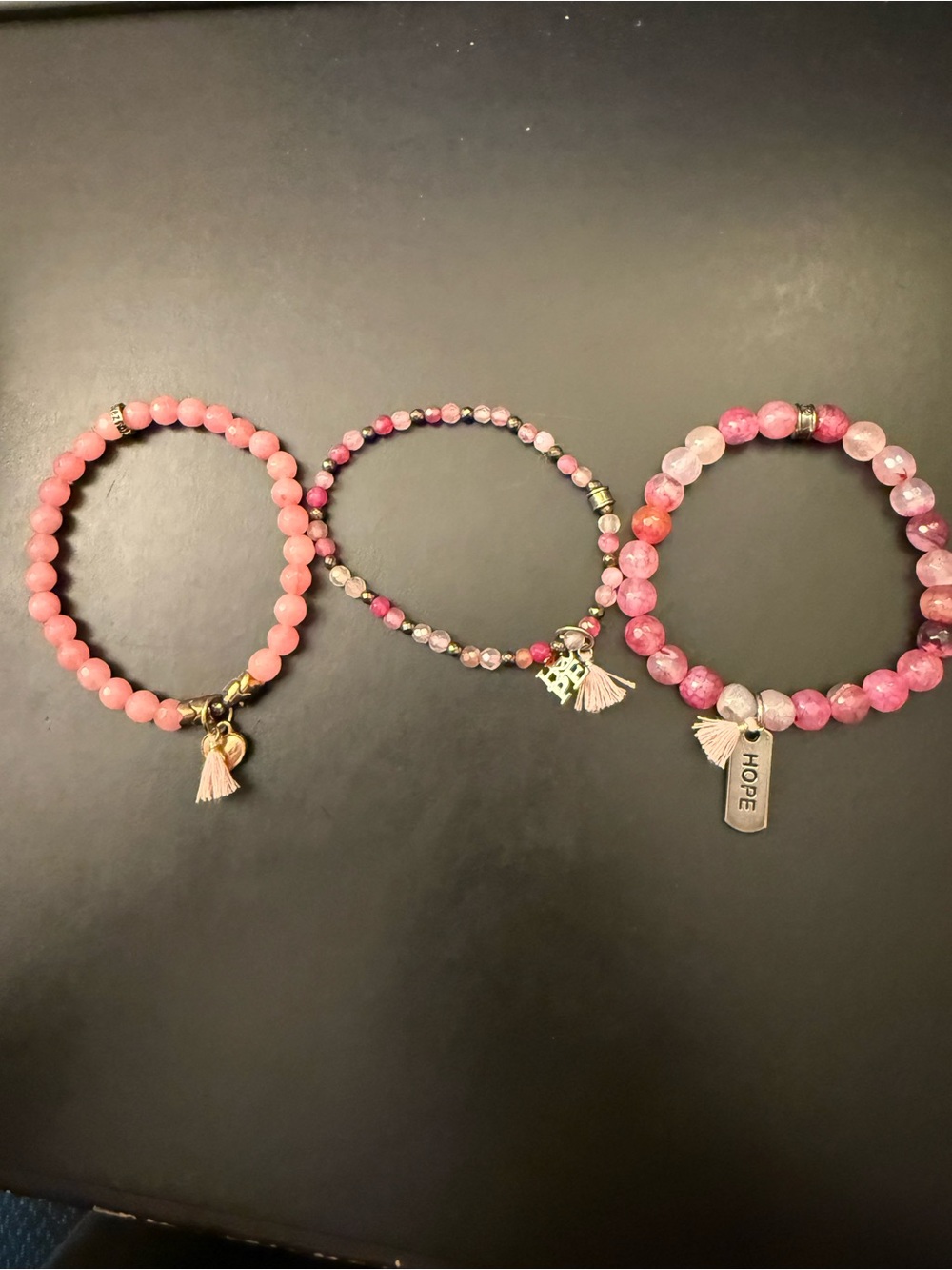 Set of 3 Pink Beaded Charm Bracelets with Tassels - Hope Charm Included